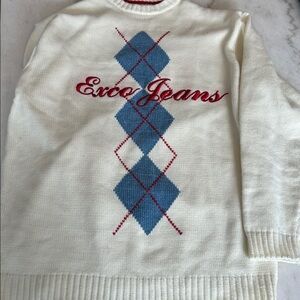 Exco Jean Sweater argyle pattern crew neck knit top cream blue diamond men L